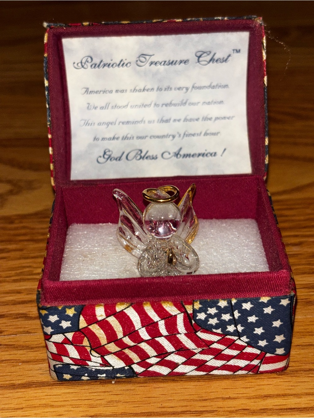 Vintage Patriotic Treasure Chest Glass Angel Figurine - Gold Accent